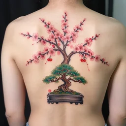 back tattoo, cherry blossom tree, bonsai tree, tattoo photography, colorful tattoo, cherries, fruit