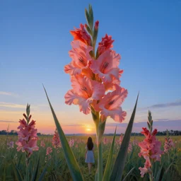 giant gladiola head, girl walking in field of flowers, surreal photography, sunrise, blue sky, dramatic light, impressionist painting, digital painting, artstation, simon stalenhag