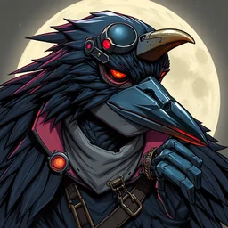 hard cyberpunk raven. epic high fantasy character art. classic 1 9 8 0 cover art by cartoon network and rutkowski. cozy portrait at r / characterdrawing