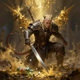 geralt the rivia after a fight with a demon, broken sword!, broken bottle of mutagen on the ground, golden powder floating in the air, symetrical, sharp details, highly detailed, digital painting, trending artstation, concept art, illustration, cinematic lighting, vibrant colors, photorealism, epic, octane render.