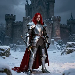 paladin knight in snow in front of a castle, Mandy Jurgens, moody, high contrast, vibrant colors, dark fantasy, 8k, ultra detailed