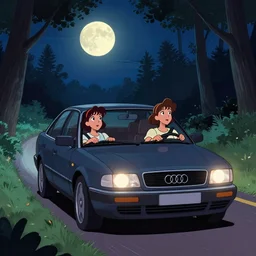 disney art style, two girls sitting in an Audi A80 B4, driving through a forest at nighttime on a full moon, framed