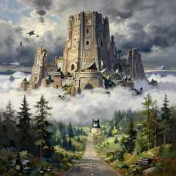 painting by sargent and leyendecker and greg hildebrandt savrasov levitan polenov, studio ghibly style mononoke, huge old ruins, middle earth above the layered low clouds road between forests trees faroe azores overcast storm masterpiece