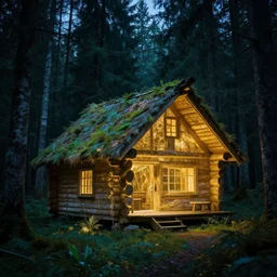 portrait of an ethereal log cabin made of golden blue and green light, evergreen forest, divine, cyberspace, mysterious, dark high-contrast concept art