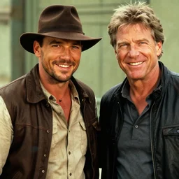 chris pratt as indiana jones together with harrison ford, instagram, cinematic, natural lighting, genuine smile