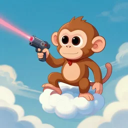 “ big eye monkey holding laser gun floating in clouds, digital art, super aesthetic, art station, cartoon novel style ”