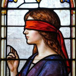 side - view portrait of a woman, brown loose pigtails, red and orange blindfold, 1 0 th century stained glass window, masterful