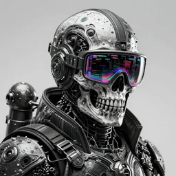 portrait of a space pirate skull. intricate abstract. cyberpunk, vhs glitch. iridium visor, full face VR broken helmet. intricate artwork. nightmare fuel. terrifying ghost in the shell. empty oxygen tank. warhammer 40k crimes against humanity. sci-fi knight rider k2000 led. by Tooth Wu, wlop, beeple, dan mumford. octane render, trending on artstation, greg rutkowski very coherent symmetrical artwork. cinematic, hyper realism, high detail, octane render, 8k, iridescent accents, black and white