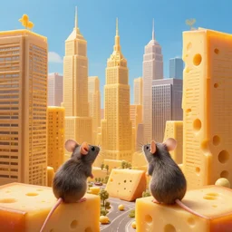city with tall buildings made out of cheese, with a mouse looking at the buildings, mind - blowing details, highly detailed, smooth, sharp focus, full of color, digital art, vibrant colors