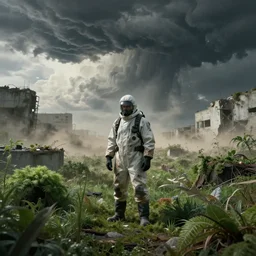 a beautiful award-winning photo of a lone man wearing a damaged hazmat suit in a desolated post-nuclear world, lush mutated greenery growing over concrete scenery, massive thunderclouds on the horizon, dust, wind, cosmic horror, depression, intricate details, volumetric lighting, haze, very high quality, extremely detailed, subtle visual noise, hyperrealistic, 8K
