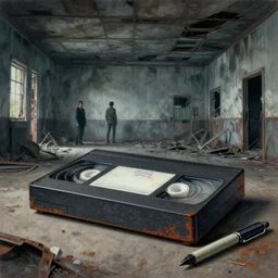 ink & felt pen render vhs player last day on earth in abandoned droop ceilinged room by ian miller, alex ross, simon bisley fine art masterpiece baked at 3 0 0 f, matte painting, cold lighting, aged with patina, rusted, award winning drawing from architecture digest, photorealistic render, cinematic