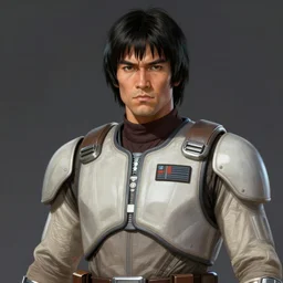 portrait of a man by greg rutkowski, jedi knight, japanese features, straight jaw, short black hair with bangs, tall and muscular, attractive, wearing starfighter pilot uniform, star wars expanded universe, highly detailed portrait, digital painting, artstation, concept art, smooth, sharp foccus ilustration, artstation hq