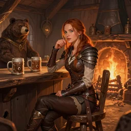 kate beckinsale as warrior, sit in fantasy tavern near fireplace, behind bar deck with bear mugs, medieval dnd, colorfull digital fantasy art, 4k