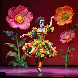 Zombie punk dancer made out of fruits, vegetables and large flowers in the Baroque style of Arcimboldo, dancing alone on stage, neon lighting, large cartoonish details, elegant composition, dull red background