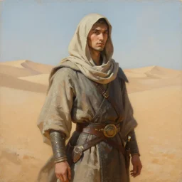 portrait of desert warrior by krenz cushart, fantasy, oil painting, featured on pixiv, highly detailed, elegant, sharp focus