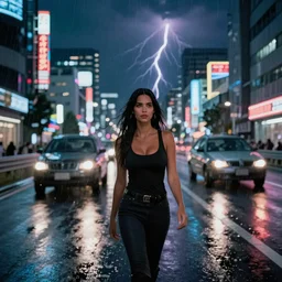 a single megan fox with 2 1 savage speeding down tokyo highway in the rain, night time, neon lights, thunderstorm, movie still from the film bladerunner
