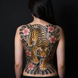 photography of the back of a woman with a black detailed irezumi tatto representing a gold tiger with pink flowers on her entire back, dark hangar background, mid-shot, editorial photography