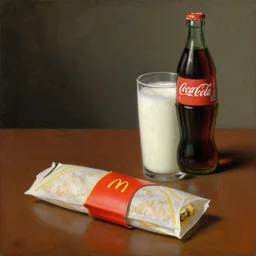McDonalds wrapper on table, milkshake, coca cola bottle, Dutch Still Life of the 1600s, oil painting