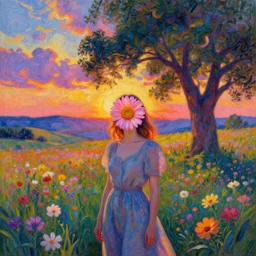 girl with one blooming flower as a face, surreal photography, dream, standing in flower field, hills, big trees, sunrise dramatic light, impressionist painting, colorful clouds, digital painting, pointillism, artstation, simon stalenhag, flower face