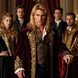 majestic regal aristocratic a long blond haired tom cruise as lestat de lioncourt portrait, luxurious indoor setting, atmospheric lighting, painted, voluptuous, menacing, intricate, volumetric lighting, rich deep colours masterpiece, sharp focus, ultra detailed, by leesha hannigan, ross tran, thierry doizon, kai carpenter, ignacio fernandez rios