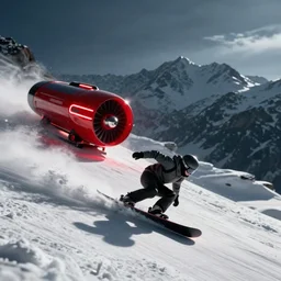 snowboarder racing down a slope with a jet engine attached, scifi, futuristic, redline