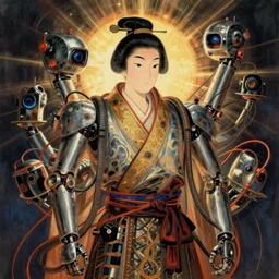 Kuniyoshi portrait of a robot saint made of cables and robotic pod in the style of peter mohrbacher