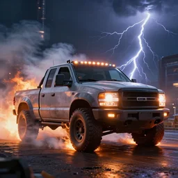 sport truck, unreal engine render. flames, lightning, cinematic lighting, smokes. peder balke, john watkiss, and paul gustav fischer.