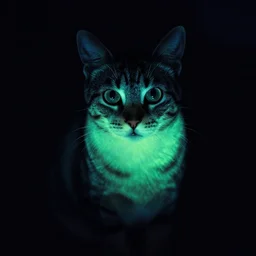 phosphorescent tabby under blacklight film photograph low light overexposed