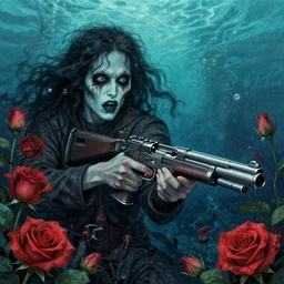horror with guns and roses with a man in deep sea in the background intricate details by Sandra Chevrier