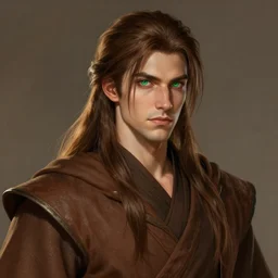 realistic portrait, 25 years old man :: athletic fantasy mage :: green eyes, long slightly loosened brown hair :: wearing a brown robe :: high detail, digital art, RPG, concept art, illustration
