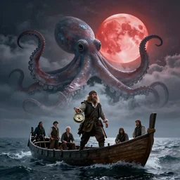 the age of discovery, red moon over stormy ocean, huge clouds in the form of a gigantic octopus, the greatest adventurer standing on a 1 5 th century sampan boat holding a medieval compass, dappled silver lighting, epic, atmospheric, highly detailed, by igor morski, jacek yerka, alexander jansson, james christensen, tomek setowski, cinematic