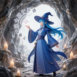 blue haired female witch casting a spell, sigils, floating runes, floating candles, flowing robes, in a cave with glowing crystals on the walls, electric vines, fantasy, cinematic composition, dramatic lighting, detailed painting, clean design, trending, 8 k,