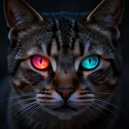 a close up shot face of cat, eyes glowing in vivid colors, evil, apocalyptic
