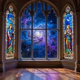 there is a large floor - to - ceiling window in the castle, and there are stained glass windows next to it, outside the window is a nebula with blue and purple tones