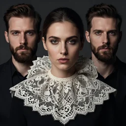 a portrait of female model by stefan geselle and nekro borja, photorealistic, intricate details, hyper realistic, big lace colar, dark beauty, photorealistic, canon r 3, photography, wide shot, photography, dark beauty, symmetrical features