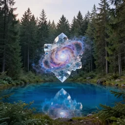 abstract crystal sculpture of a nebula hovering above a clear blue lake in a clearing in the middle of an evergreen forest at dawn