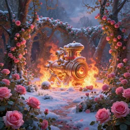 ultra wide - angle view, beautiful paintings of pink rose gardens, burning winter, illusory engine by duomo dimilano, greg rutkowski and thomas kinkade, art station trend, low light, volume lighting, ue 4, zbrush, marmoset toolkit.