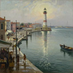 closeup of wet city street, market square, harbor, reflections, lighthouse, shimmering iridescent water, in the style of Zdzislaw Beksinski, Leonid Afremov and Canaletto, highly detailed, soft lighting, film grain, medium format, 8k resolution, oil on canvas