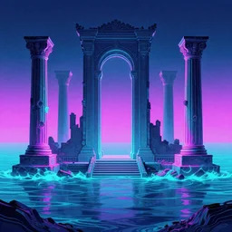 neon ancient ruins in the sea,  retrowave art,digital art,trending on art station