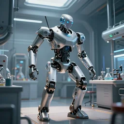 Futuristic robot escaping a science laboratory, Photorealistic, raytracing, metal surfaces