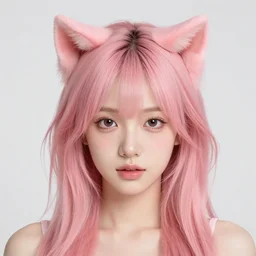 photo of a young woman with messy medium-length pink hair and cat ears
