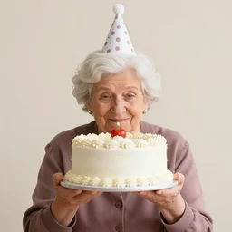 grandma is wearing a birthday cake instead of her hat