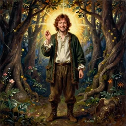 a full length portrait of  optimistical  Frodo with the One Ring.  Pre-Raphaelite oil painting, inspired by Henry Meynell Rheam: The Fairy Wood