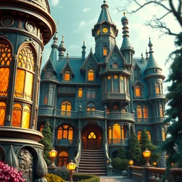 fantasy futuristic victorian atompunk mansion, surreal, detailed, sharp details, architectural accents, colourful paint, ( ( ( reflexions on windows ) ) ), volumetric lights, sharp focus, depth of field, octane render, photorealism, 3 d art by disney pixar, studio ghibli, moebius