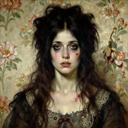 a beautiful and eerie baroque painting of a beautiful but serious woman in layers of fear, with haunted eyes and dark hair piled on her head, 1 9 7 0 s, seventies, floral wallpaper, wilted flowers, a little blood, morning light showing injuries, delicate embellishments, painterly, offset printing technique, by moebius, robert henri, walter popp