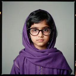 kodak portra 4 0 0, 8 k, highly detailed, britt marling style, color studio - portrait of a handsome cute 2 0 year old short black haired hyderabadi muslim female with cateye glasses wearing purple, muted colors, up face with 1 9 2 0's hairstyle and cloth style, asymmetrical, hasselblad