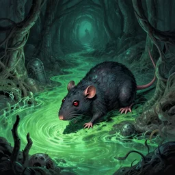 eldritch abomination rat in a toxic sewer with a river of green waste art by greg rutowski and larry elmore