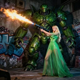 graffiti ghetto background, tall blonde fashion model wearing sheer green dress aiming and firing a flamethrower at a huge android plant monster hybrid, high contrast cinematic light, mystical shadows, sharp focus, octane render