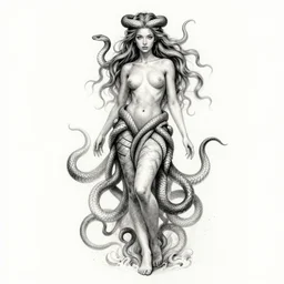 full body sketch of a beautiful young medusa with hair made of snakes, perfect anatomy, full body, watercolor background, pencil art, ink and pencil, hyperrealistic, hyperdetailled, digital art, greg rutkowski, artstation, 8 k, beautiful drawing, paper texture, spray paint, watercolors