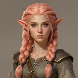 character portrait of soft beautiful female firbolg dungeons and dragons braided peach color hair, wearing an old tunic, d & d digital firbolg illustration, artstation trending female illustration, intricate, sharp focus, hyper detailed, digital painting, matte, character art by prywinko art, pyromallis rene maritte, masterpiece